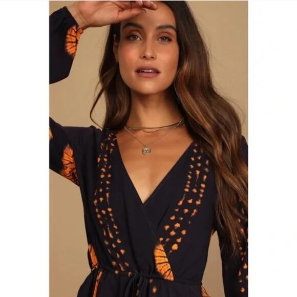 Lulus Adventuresome Dark Purple & Orange Tie-Dye Long Sleeve Romper Size XS - Picture 4 of 14